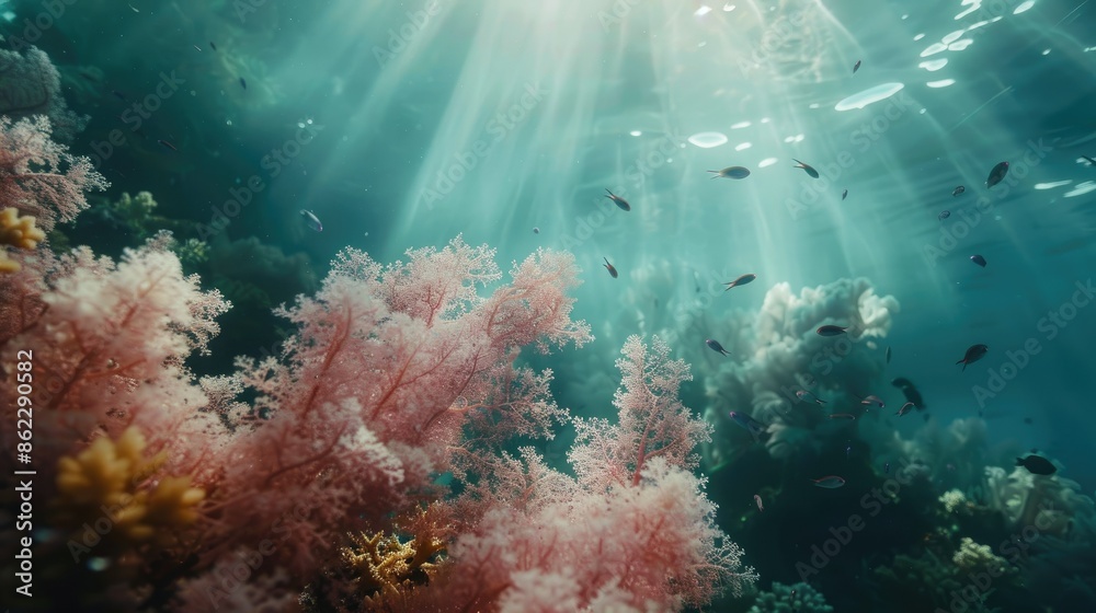 Fototapeta premium Mesmerizing underwater landscape with soft corals swaying and fish darting around