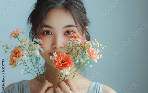 Young Woman With Dark Hair Holding Flowers and Looking at Camera