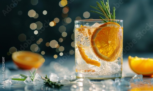 Sparkling Citrus Cocktail With Rosemary Garnish on Marble Surface