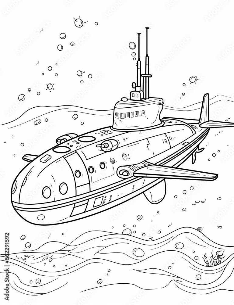 Fototapeta premium Submarine in the sea - Printable Transportation Line Art: Black and White Coloring Pages for All Ages - Simple Patterns 