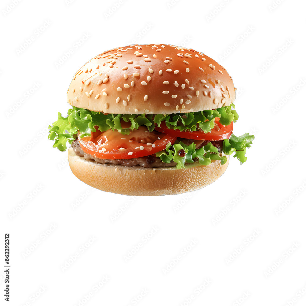[Transparent Background PNG]A delicious-looking hamburger with sesame seeds on a white background