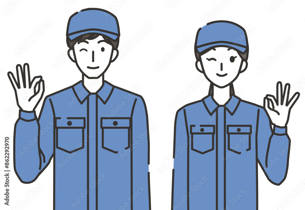 オッケーポーズの清掃員の男性と女性 オッケーポーズの清掃員の男性と女性