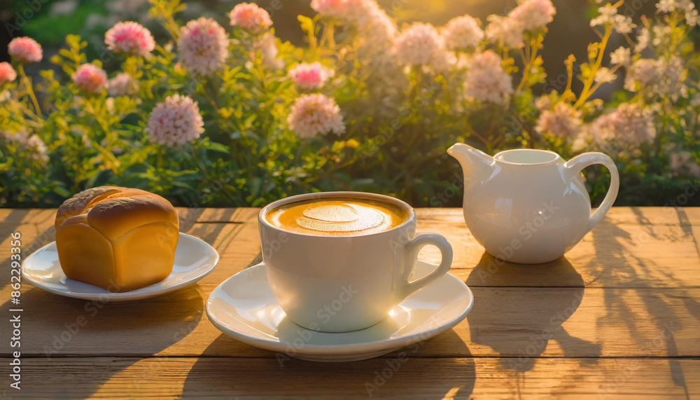 Fototapeta premium Tazas de Cafe y pan iluminada por el sol de la tarde, acompañada en medio de un jardín floreciente