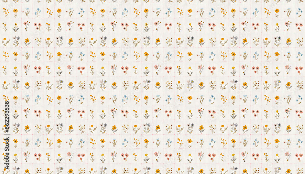 A pattern that features small flowers in square grids in pastel colors on white linen fabric, each grid contains one flower from various varieties, the grid is some pink dotted lines A pattern that features small flowers in square grids in pastel colors on white linen fabric, each grid contains one flower from various varieties, the grid is some pink dotted lines