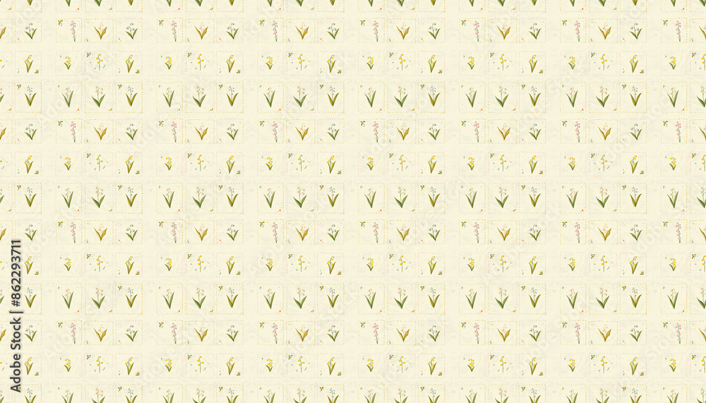A pattern that features small flowers in square grid in pastel colors on cream linen fabric, each grid contains one lily of the valley from various varieties A pattern that features small flowers in square grid in pastel colors on cream linen fabric, each grid contains one lily of the valley from various varieties