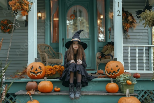 Cute Witch Poses on Porch for Halloween