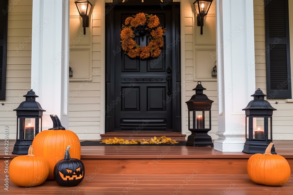 Obraz premium Front Porch Halloween Decor With Pumpkins and Lanterns