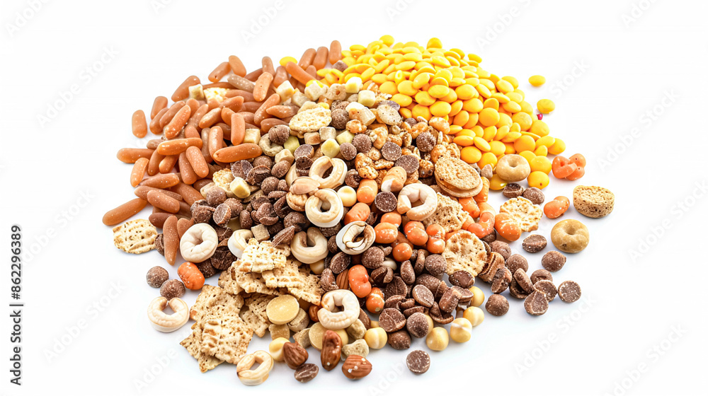 Assortment of cereal, grains, muesli or oats for healthy breakfast, organic farm market product isolated on white background Assortment of cereal, grains, muesli or oats for healthy breakfast, organic farm market product isolated on white background
