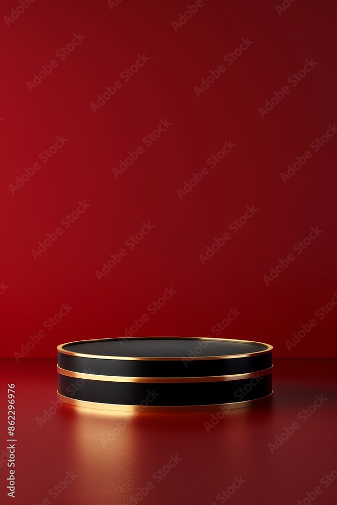 A round flat podium on the dark red studio background , Chinese Tang Dynasty style, dark red and golden theme, 3D rendering, studio lights, minimalist product display mock up, 2:3 A round flat podium on the dark red studio background , Chinese Tang Dynasty style, dark red and golden theme, 3D rendering, studio lights, minimalist product display mock up, 2:3