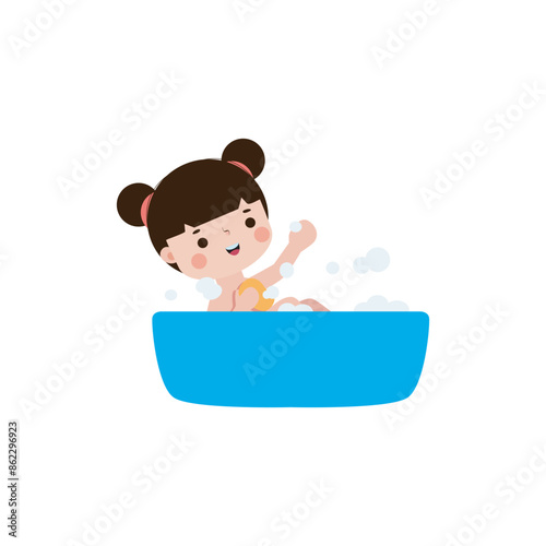 cute little kid take a bath in the bathtub, cartoon character vector illustration flat style on white background