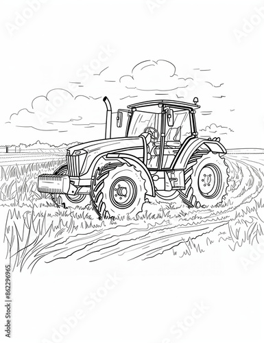 Tractor on a Field - Coloring Pages for All Ages: Transportation Printable Line Art - Black and white - Intricate Patterns to Color 

