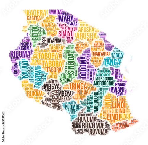 Tanzania region word cloud. Country shape design. Tanzania colored illustration. Region names collage cloud. Vector illustration.