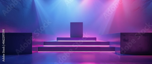 Three-Tiered Platform Illuminated By Pink And Blue Neon Lights In A Dark Room