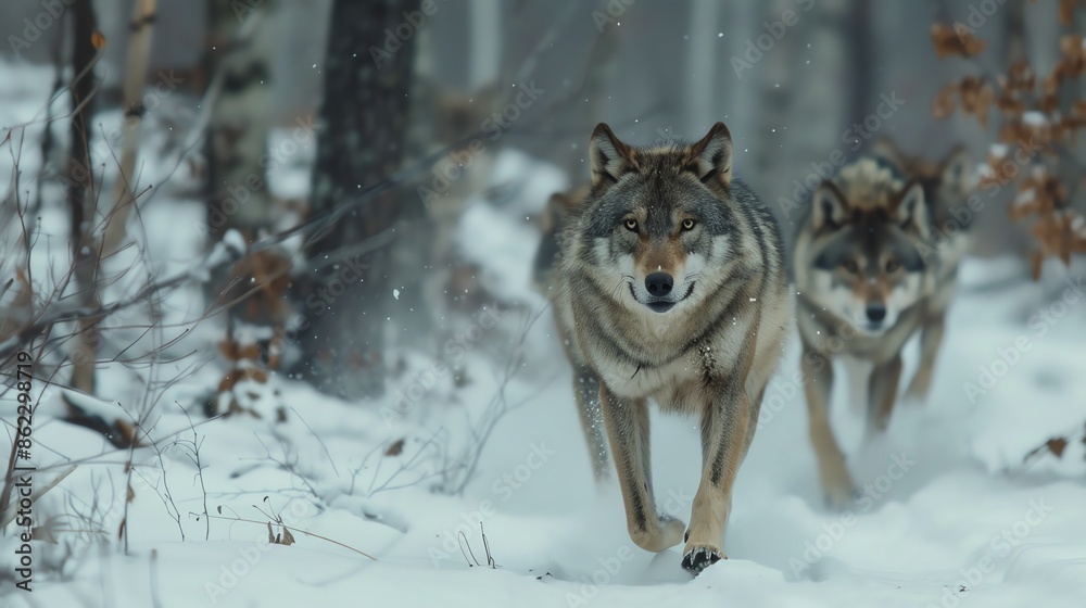 Fototapeta premium A pack of wolves running through the snow