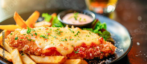 Parmesan Chicken with Melted Cheese, Served with Chips and Salad, Easy Dinner Recipe