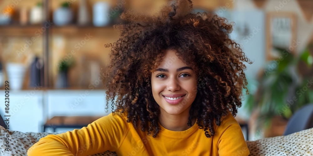 A Joyful Woman with Curly Hair Relaxing on a Cozy Couch. Concept Home Decor, Curly Hair Care, Self-Care Routine, Cozy Lifestyle A Joyful Woman with Curly Hair Relaxing on a Cozy Couch. Concept Home Decor, Curly Hair Care, Self-Care Routine, Cozy Lifestyle