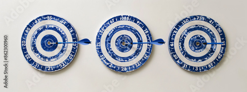 Three blue and white dartboards with arrows in the center on a white background with copy space text for website, banner, social media, and mobile app. photo