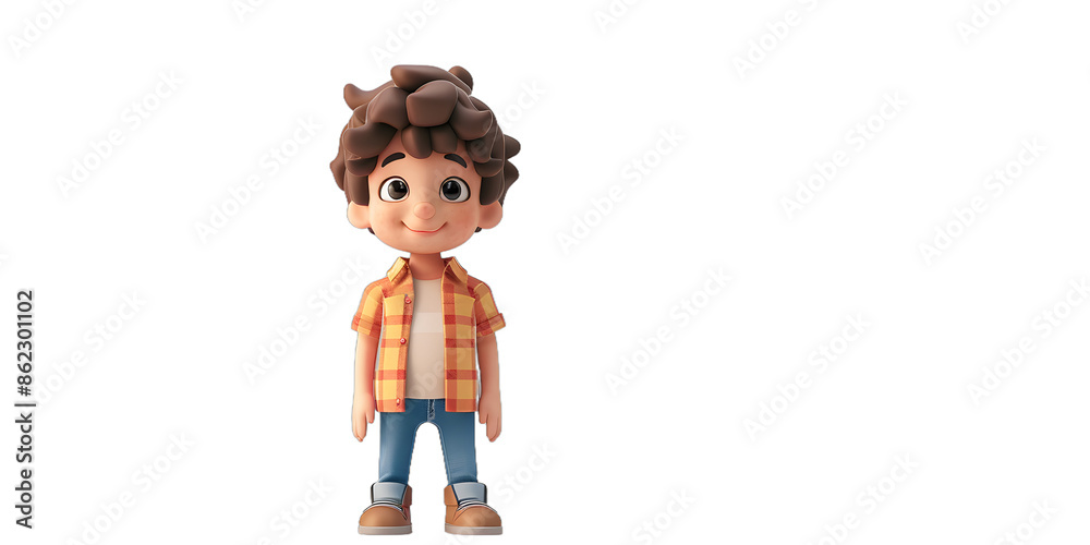 [Transparent Background PNG]Smiling Cartoon Boy Looking Up With Checkered Shirt