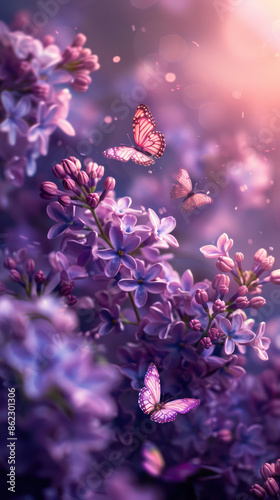 Captivating Watercolor Lilacs with Vibrant Butterflies A Symphonious Blend of Fragrance and Colorful Life in Artistic Impressions for Nature and Art Enthusiasts, Perfect for Home Decor photo