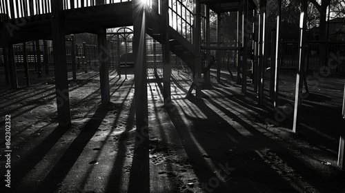 Shadows stretch across the barren jungle gym like fingers grasping for soing lost. Black and white art photo