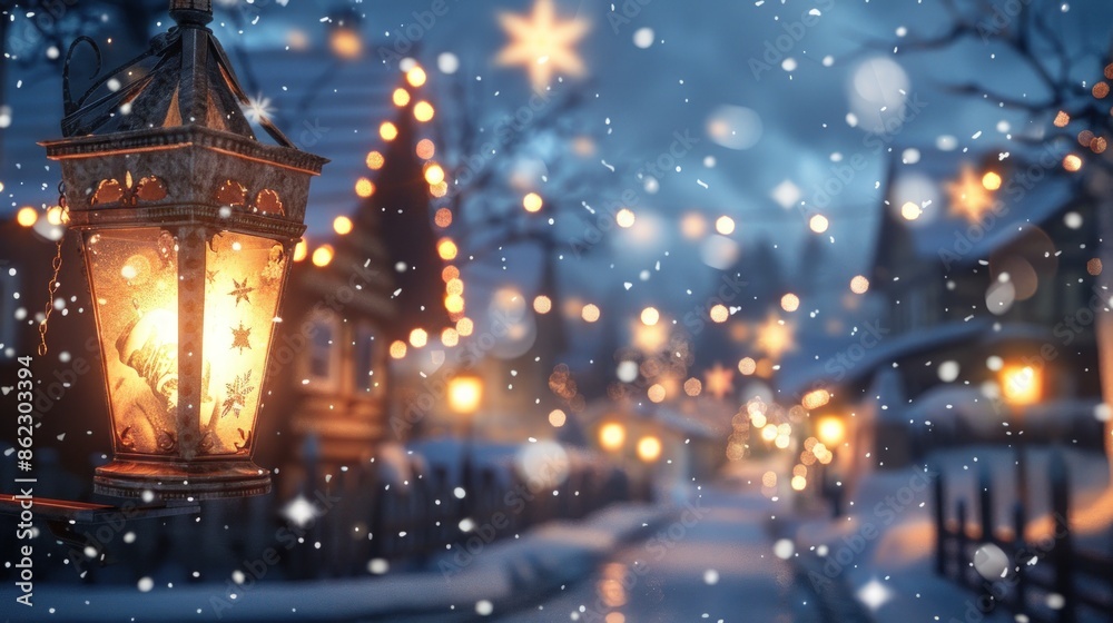 Obraz premium A lantern is lit up in the snow, creating a warm and cozy atmosphere. Generate AI image