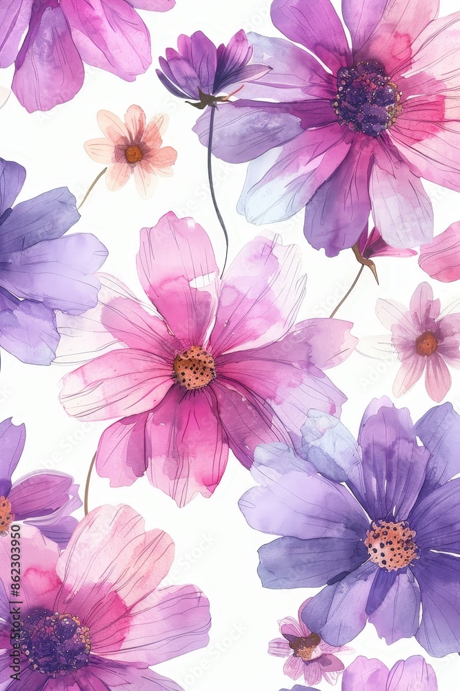 Beautiful watercolor floral pattern featuring pink and purple flowers, perfect for backgrounds, textiles, and design projects.