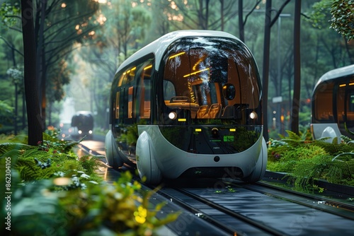 Photo of Autonomous driver less public vehicles,white driver less minibuses run on city streets to pick up passengers, autopilot,Generative AI