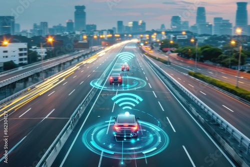 Photo of driver less car with radar signals on the road, autopilot , autonomous driving cars autopilot, Generative AI