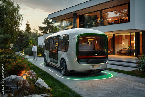 Photo of white driver less minibus pick up and drop off passengers at your doorstep, with autopilot, Generative AI