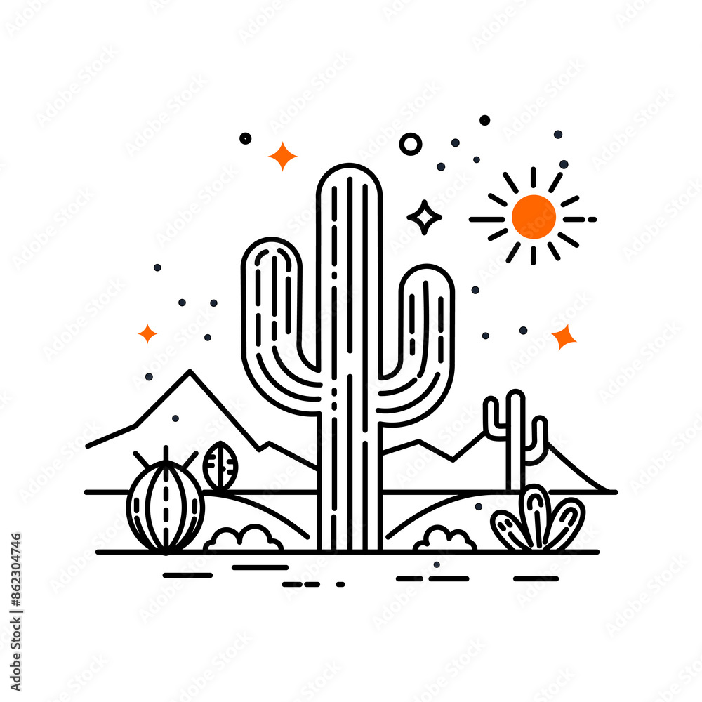 Obraz premium Monoline cactus in the desert with a simple vector