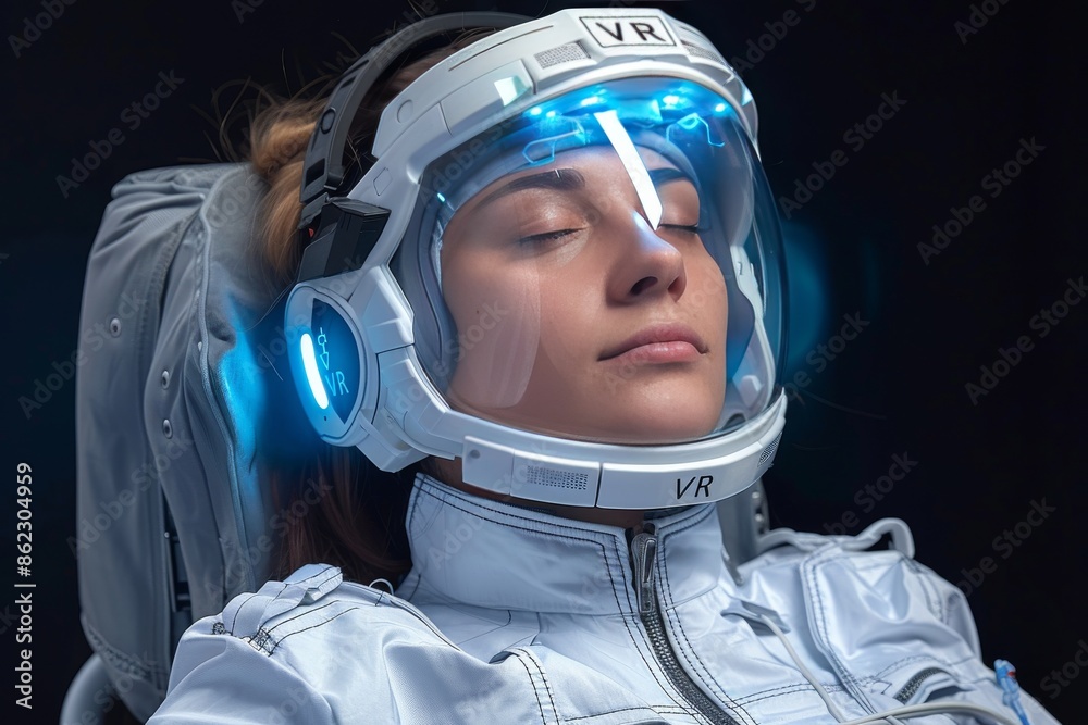 Astronaut relaxing with a VR headset in a space themed room, experiencing a virtual journey through the cosmos Astronaut relaxing with a VR headset in a space themed room, experiencing a virtual journey through the cosmos
