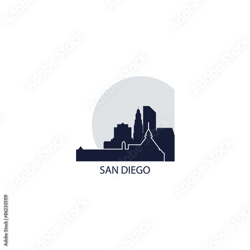 San Diego skyline, downtown panorama logo, logotype. USA, California state city badge contour, isolated vector pictogram with buildings, monuments, landmarks, skyscrapers at sunrise, sunset