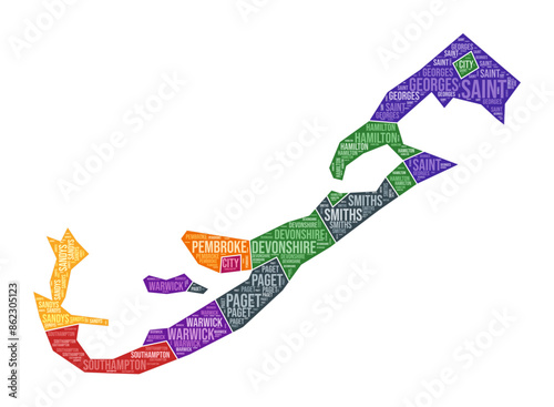 Bermuda shape. Country word cloud with region division. Bermuda colored illustration. Region names cloud. Vector illustration.