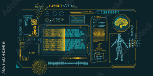 Futuristic medical research program interface with data decoding.