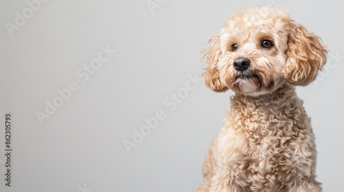 Adorable Maltipoo Dog in Studio Posed on White Background with Space for Ad © TheWaterMeloonProjec