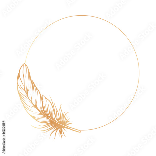 Golden luxury round frame with bird feather isolated on white background with copy space for text. Design element for invitations, cards, label. vector illustration