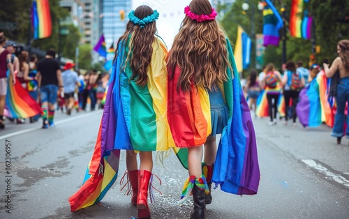 Two Women Wrapped in Rainbow Flags at a Pride Parade © saka