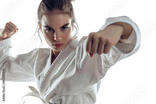 Professional female karate fighter isolated on a white background photo