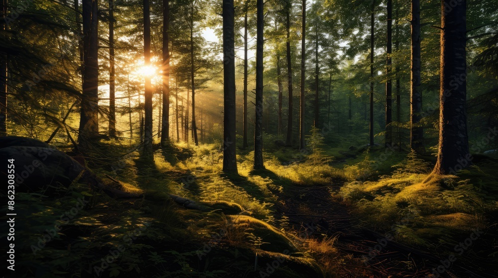 Obraz premium Golden hour sunlight streaming through forest