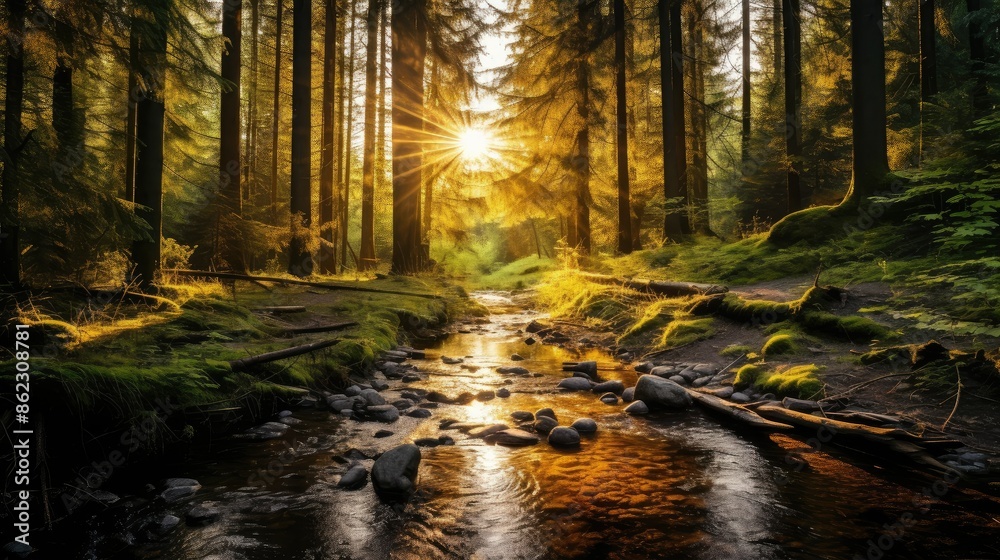 Obraz premium Golden hour sunlight streaming through forest