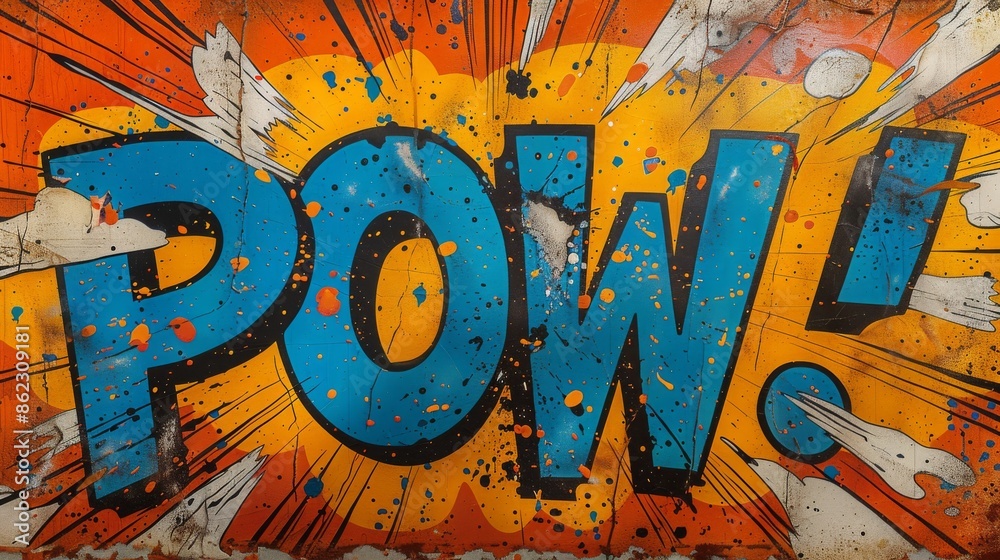 Comic book style graffiti with 'pow!' explosion, vibrant colors and dynamic elements