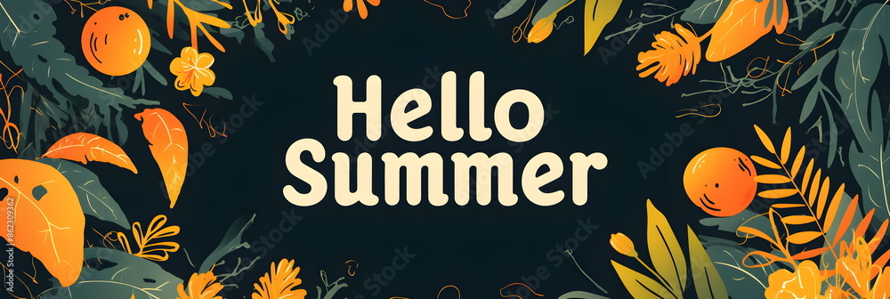 Hello summer text with plants and flowers. Calligraphic inscriptions. Travel and vacation concept. Watercolor illustration. Retro style postcard or banner Hello summer text with plants and flowers. Calligraphic inscriptions. Travel and vacation concept. Watercolor illustration. Retro style postcard or banner