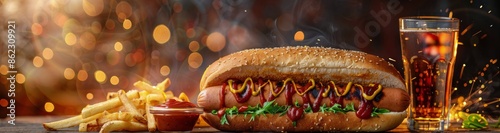 A Delicious Hot Dog With Mustard, Ketchup, and Lettuce Served With French Fri...