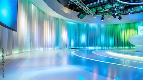 background studio television modern green screen, a photo of a bright television studio, colour palette of , , curved, low angle, background for green screen, modern, green and blue, 16:9