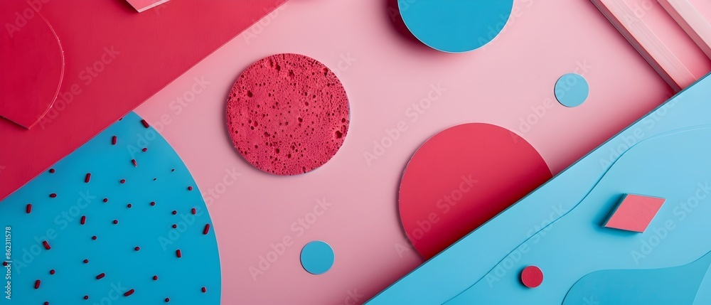 Naklejka premium Vibrant Geometric Pop Art Inspired Poster Design in Bold Pink Blue Red Palette
