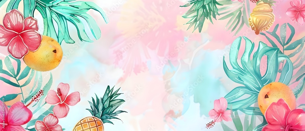 Fototapeta premium Tropical Summer Doodle Border with Blank Space for Mockup Background Design