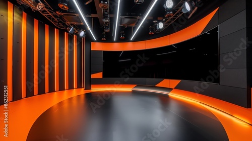 background studio television modern green screen, a photo of a bright television studio, colour palette of , curved, low angle, background for green screen, modern , 16:9, orange, black