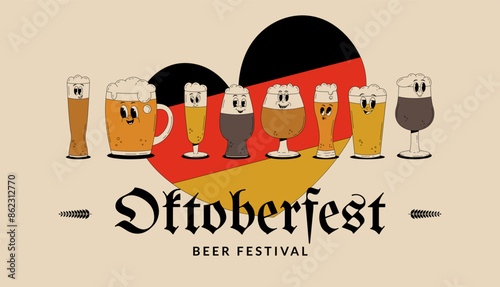 Oktoberfest Bavaria Beer Festival celebration. Banner with retro groovy beer characters. Celebrated in October in Germany. October folk festivities in the state of Bavaria. Vector illustration