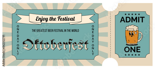 Oktoberfest Bavaria Beer Festival celebration. Horizontal ticket template entrance pass design or invitation for fest party. Vintage flat illustration