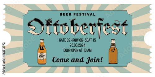 Oktoberfest Bavaria Beer Festival celebration. Horizontal ticket template entrance pass design or invitation for fest party. Vintage flat illustration